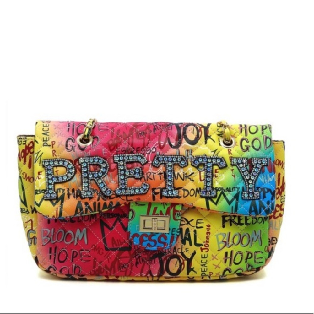 Multi color leather Graffiti large PRETTY letter rhinestone letters shoulder bag
